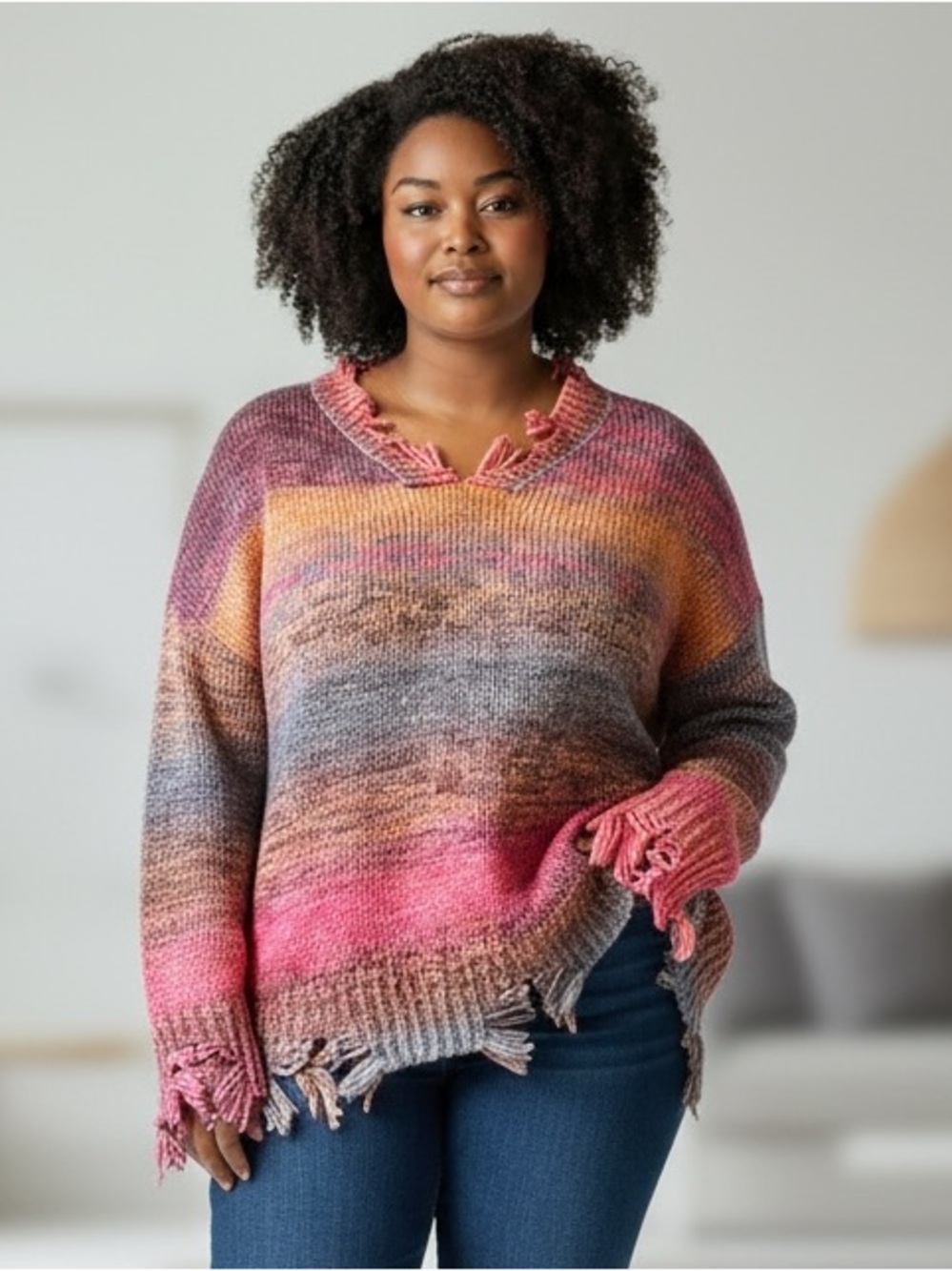 Distressed Ombre V-Neck Sweater in Pink/Blue